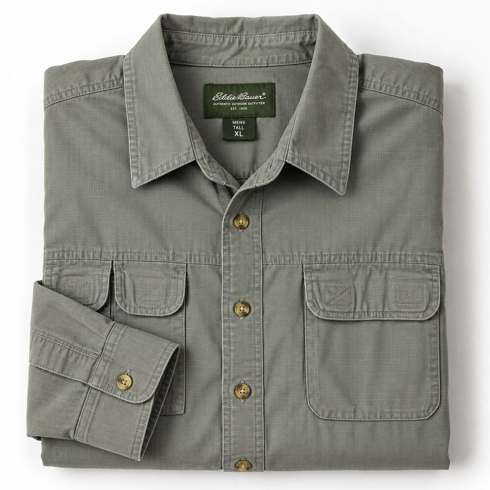 Eddie Bauer Men's XL Tall Button Down Shirt Olive Gray Long Sleeve Multi Pocket
